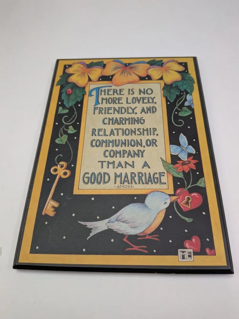 VTG Mary Engelbreit Colorplak Wood Wall Plaque A Good Marriage Quote w easel
